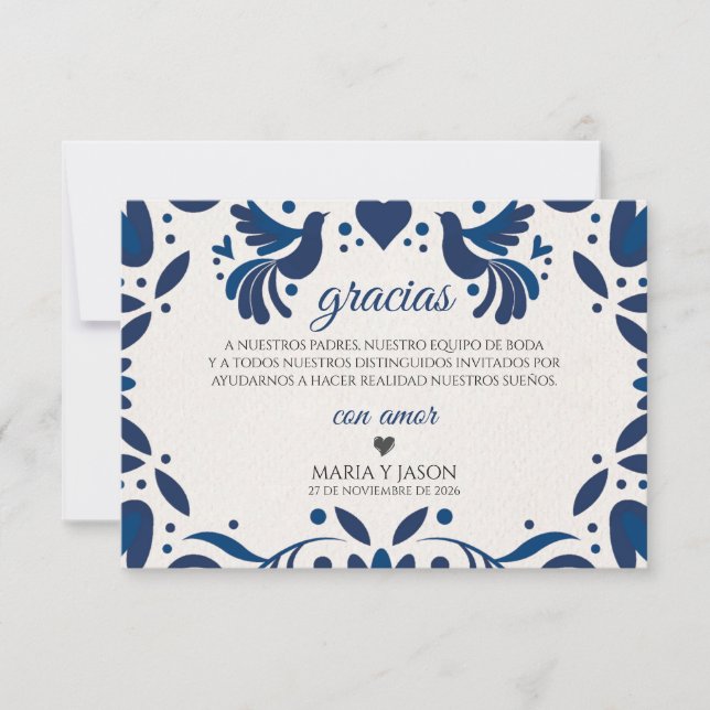 Tarjeta De Agradecimiento Otomi Blue Floral Elegant Fiesta Spanish Wedding (Anverso)
