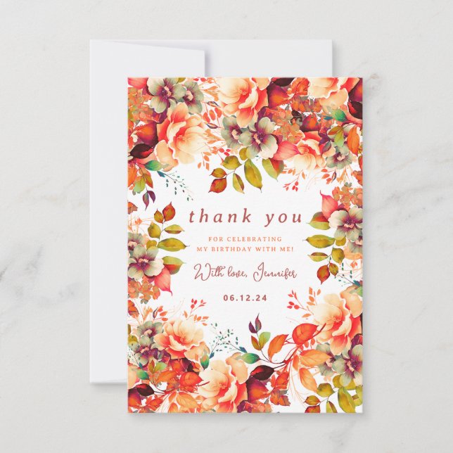 Tarjeta De Agradecimiento Otoño Acuarela Floral Cumpleaños Gracias (Anverso)
