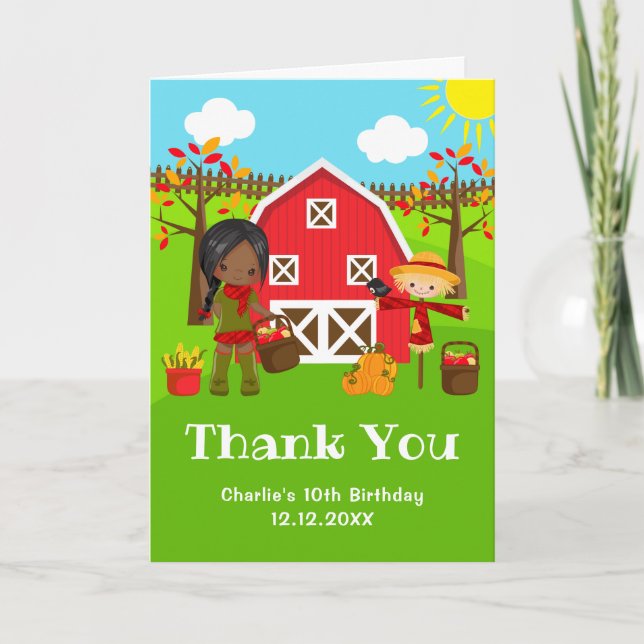 Tarjeta De Agradecimiento Otoño Barnyard Cumpleaños Chica de piel oscura (Anverso)