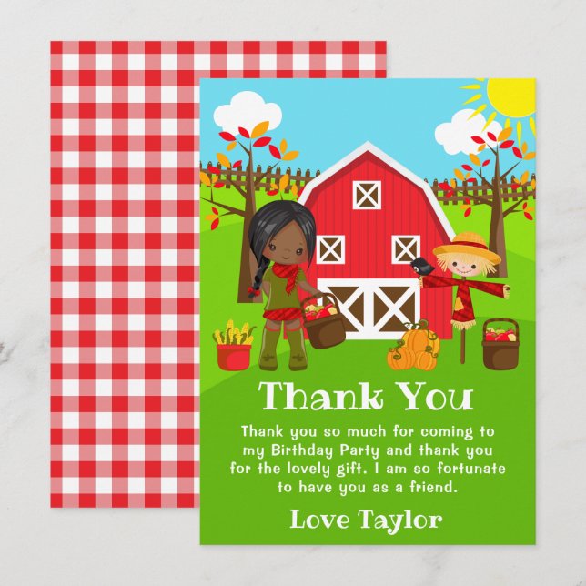 Tarjeta De Agradecimiento Otoño Barnyard Cumpleaños Chica de piel oscura (Anverso / Reverso)