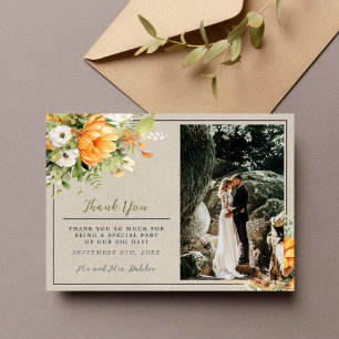 Tarjeta De Agradecimiento Otoño Blooms Floral Caída Naranja Verde Boda