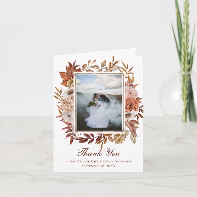 Tarjeta De Agradecimiento Otoño Boda Floral Rosa Blanco Marrón Otoño (Anverso)