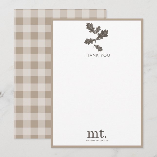 Tarjeta De Agradecimiento Otoño Caída Taupe Tapado Monograma Foliage Moderno (Anverso / Reverso)