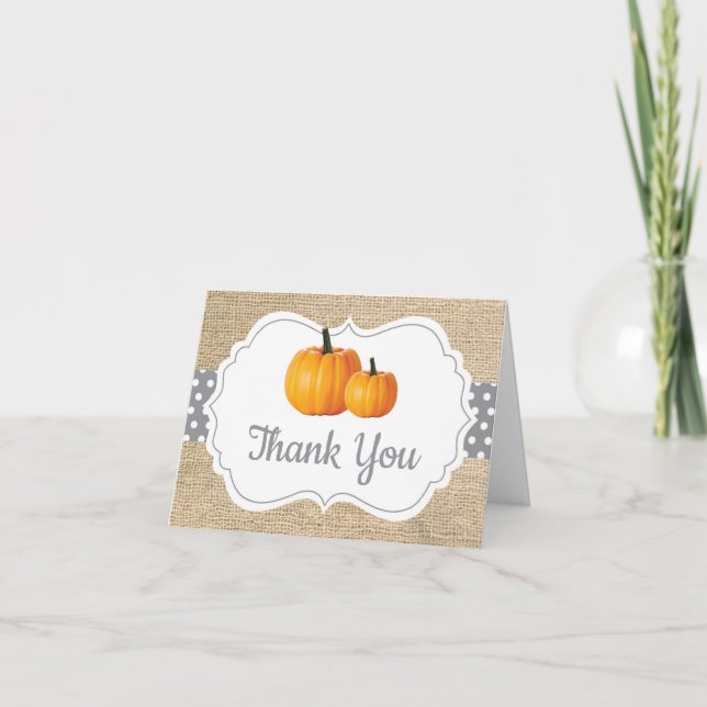 Tarjeta De Agradecimiento Otoño Calabaza Naranja Gris y Arpillera Blanca (Anverso)