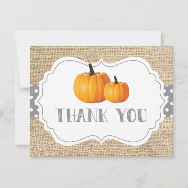 Tarjeta De Agradecimiento Otoño Calabaza Naranja Gris y Blanco Arpillera (Anverso)