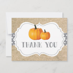 Tarjeta De Agradecimiento Otoño Calabaza Naranja Gris y Blanco Arpillera