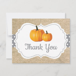 Tarjeta De Agradecimiento Otoño Calabaza Naranja Gris y Blanco Arpillera