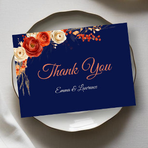 Tarjeta De Agradecimiento Otoño Chic Floral Naranja Terracota Azul Marino Bo