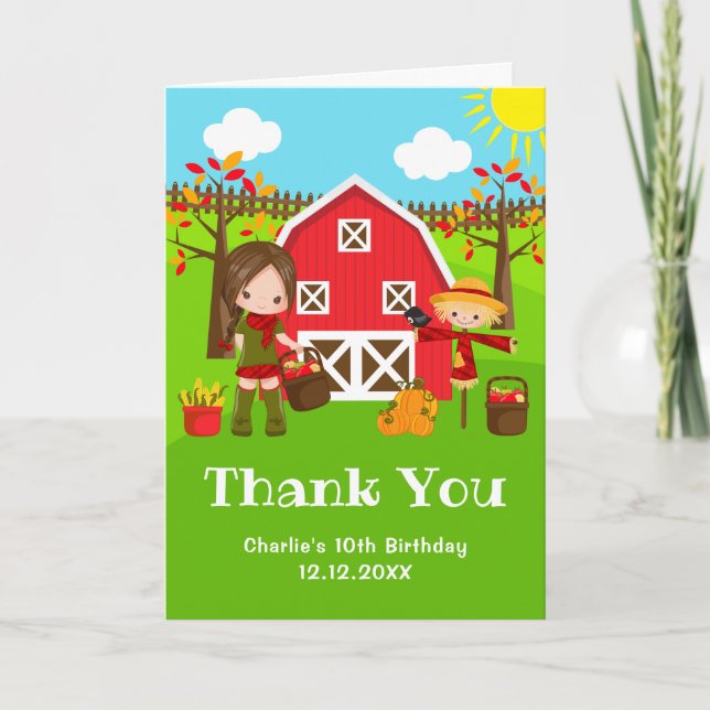 Tarjeta De Agradecimiento Otoño Chica de pelo marrón de cumpleaños de Barnya (Anverso)