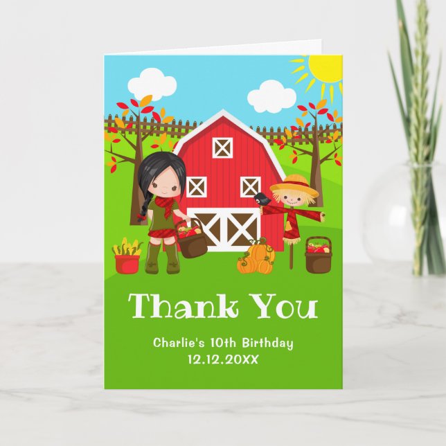 Tarjeta De Agradecimiento Otoño Chica de pelo negro en Barnyard Birthday (Anverso)