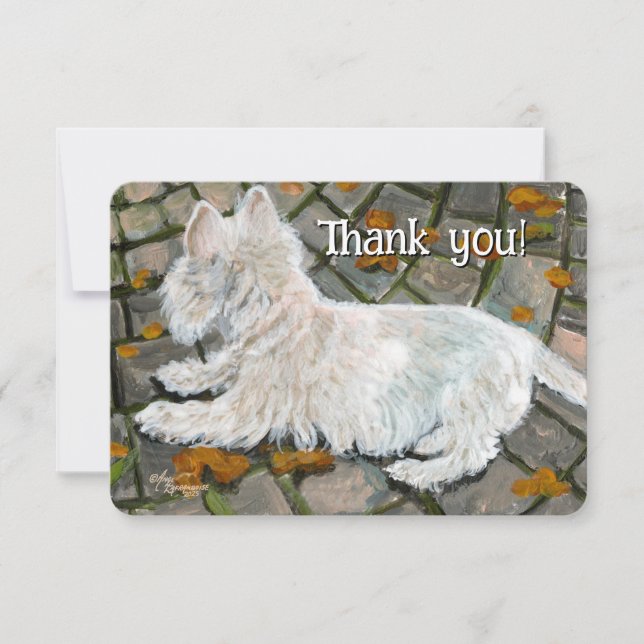Tarjeta De Agradecimiento Otoño deja a Westie en patio (Anverso)