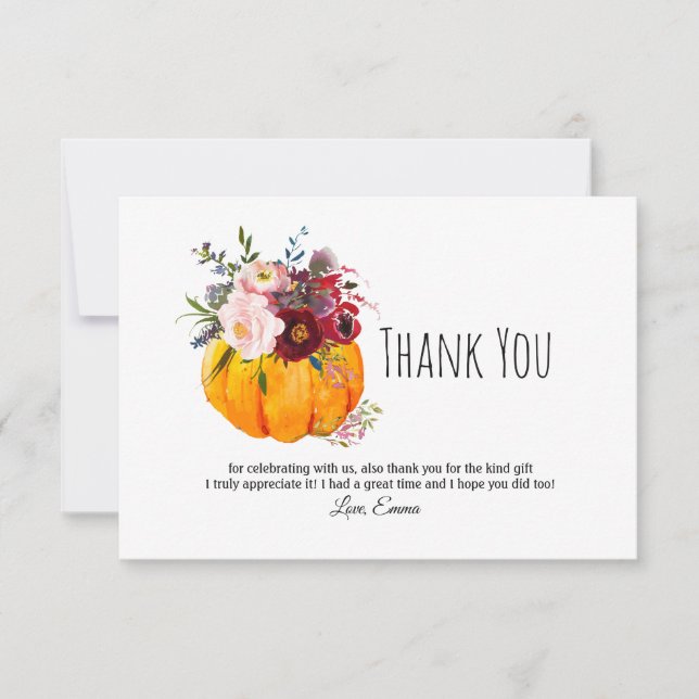 Tarjeta De Agradecimiento otoño, floral, calabaza gracias (Anverso)