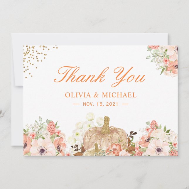 Tarjeta De Agradecimiento Otoño Purpurinas de oro calabaza floral (Anverso)