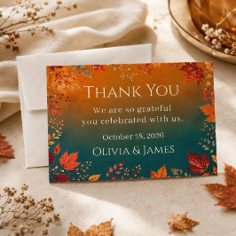Tarjeta De Agradecimiento Otoño Rústico de Otoño Teal y Hojas Naranjas Graci