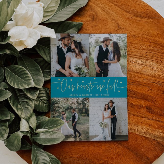 Tarjeta De Agradecimiento Our Hearts Are Full Wedding Photo Aqua Blue (Subido por el creador)