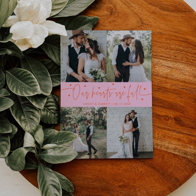 Tarjeta De Agradecimiento Our Hearts Are Full Wedding Photo Orange Pink (Subido por el creador)
