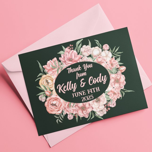 Tarjeta De Agradecimiento Oval rosado y beige de flores en Boda verde profun (Subido por el creador)