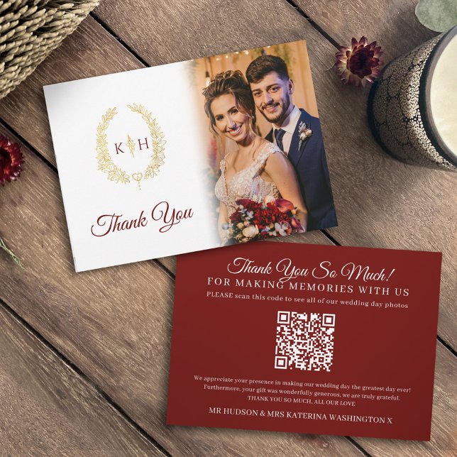 Tarjeta De Agradecimiento Ovalado dorado hojas burdeos foto boda QR Código (Subido por el creador)