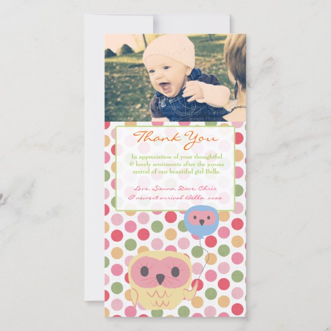 Tarjeta De Agradecimiento Owl Gracias Note Baby Girl Photo Template (Anverso)