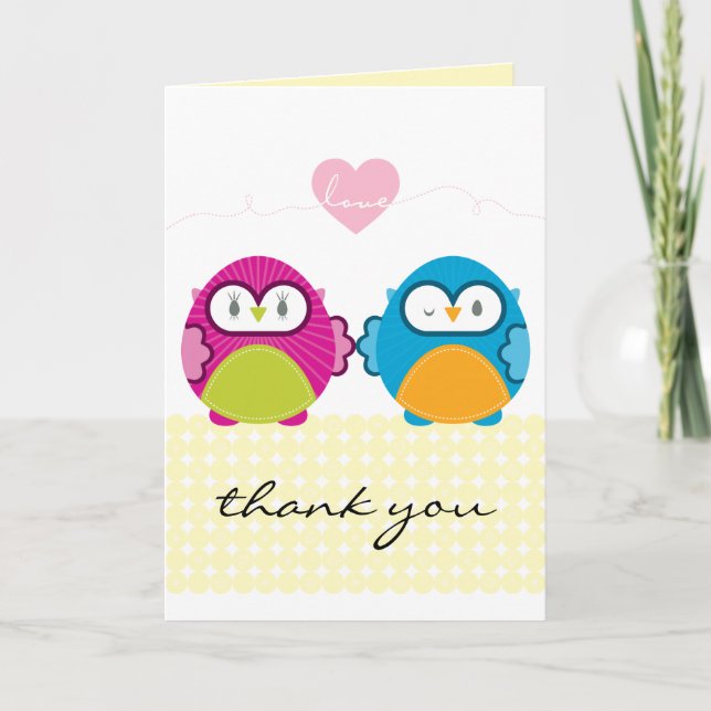 Tarjeta De Agradecimiento OWL LOVE :: chica brillante + niño (Anverso)