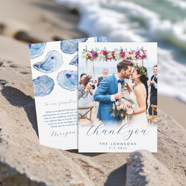 Tarjeta De Agradecimiento Oyster Watercolor Beach Wedding Flat (Oyster Wedding Thank You Cards with elegant blue watercolor illustration and photo. Concertina Press)