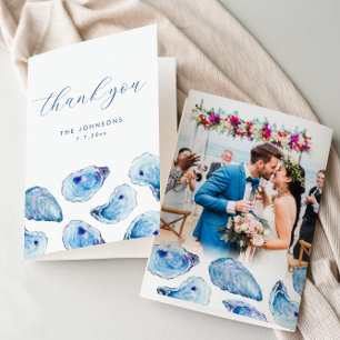 Tarjeta De Agradecimiento Oyster Watercolor Beach Wedding Foto doblada