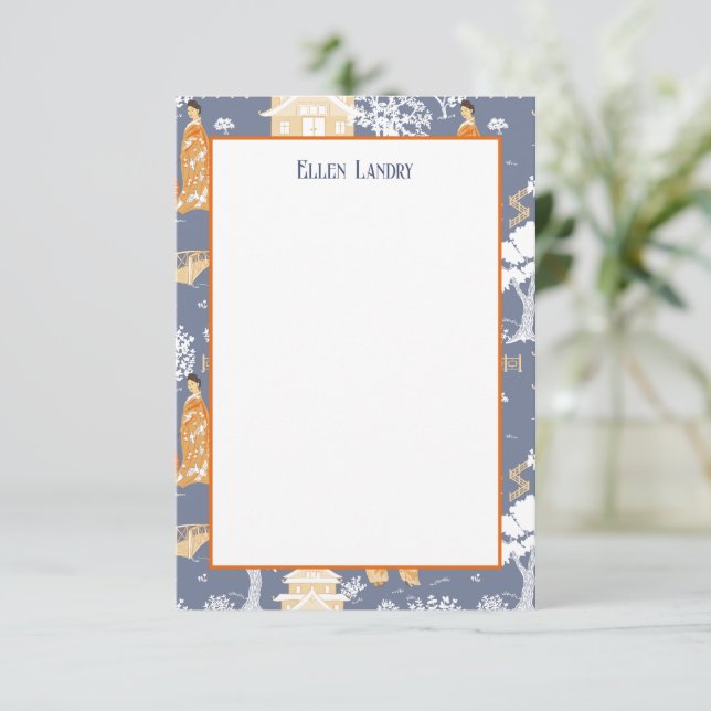 Tarjeta De Agradecimiento Pagodas Chinoiserie azul y Naranja (Anverso de pie)