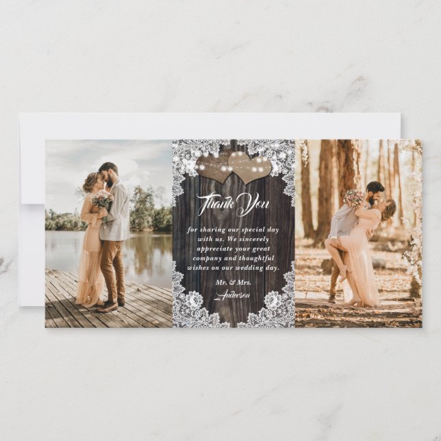 Tarjeta De Agradecimiento País romántico Boda de encaje floral de madera (Anverso)