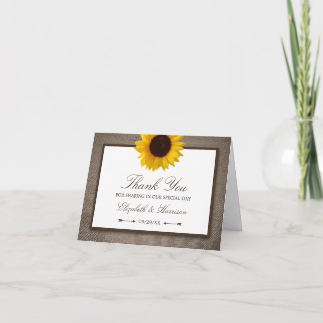 Tarjeta De Agradecimiento País Rústico Girasol y Boda Burlap (Anverso)