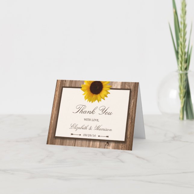 Tarjeta De Agradecimiento País Rústico Girasol y Boda de Madera Marrón (Anverso)