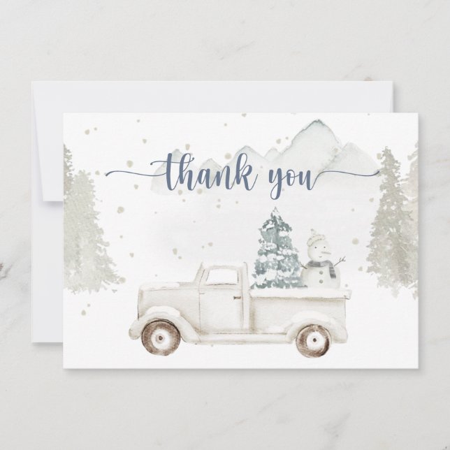 Tarjeta De Agradecimiento Paisaje invernal, animales nevados y camión (Anverso)