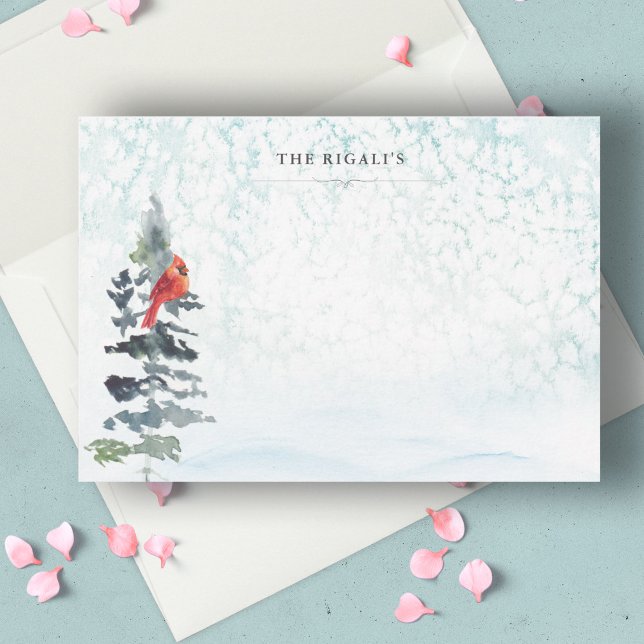 Tarjeta De Agradecimiento Paisaje invernal de acuarela (Winter notecards personalized name watercolor pine tree and snow blue)