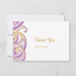 Tarjeta De Agradecimiento Paisley tradicional india púrpura y dorada Boda