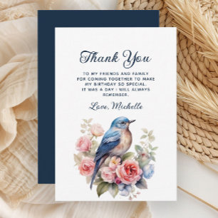 Tarjeta De Agradecimiento Pájaro Azul Elegante Flores Rosadas Cumpleaños Gra