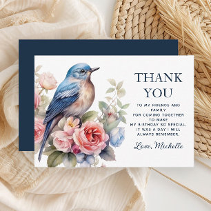 Tarjeta De Agradecimiento Pájaro Azul Flores Rosadas Cumpleaños Gracias