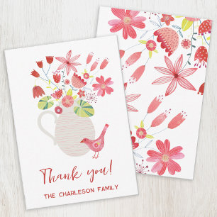 Tarjeta De Agradecimiento Pájaro con Jarra de Flores Nombre Personalizado