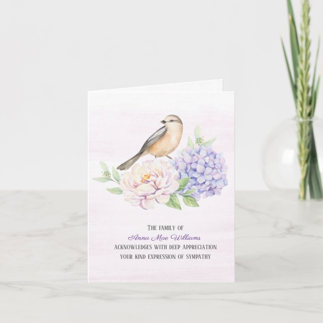 Tarjeta De Agradecimiento Pájaro en Hydrangea Simpatía Gracias (Anverso)