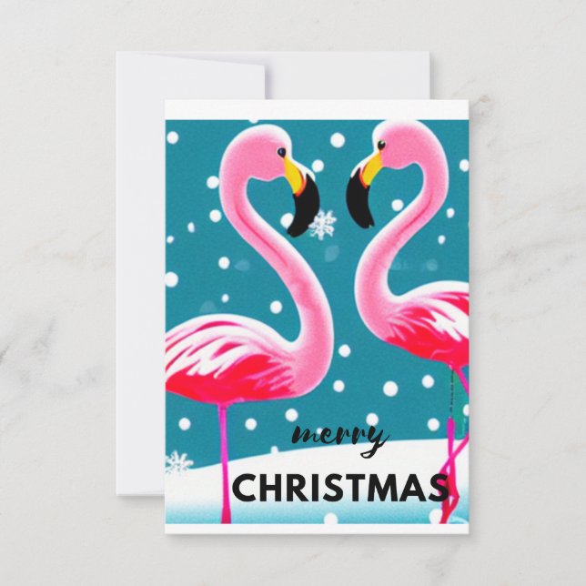 Tarjeta De Agradecimiento Pájaro Flamingos con copos de nieve, Navidades (Anverso)