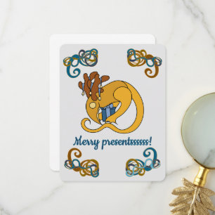 Tarjeta De Agradecimiento Pájaro reno con campanas y regalos de Navidad