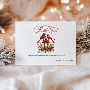 Tarjeta De Agradecimiento Pájaros cardenales en linterna de Navidad en acuar
