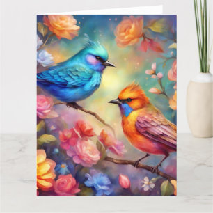 Tarjeta De Agradecimiento Pájaros coloridos en la rama Pájaro azul rosa 99