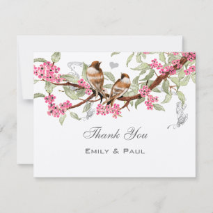 Tarjeta De Agradecimiento Pájaros de amor vintage rosa y gris RSVP de boda