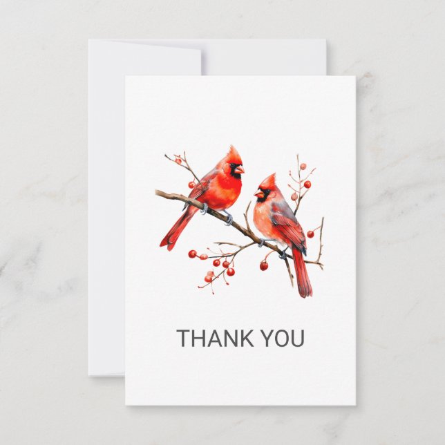 Tarjeta De Agradecimiento Pájaros del cardenal rojo en rama de árbol holly (Anverso)