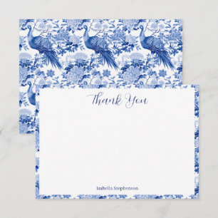 Tarjeta De Agradecimiento Pájaros Pavón Florales Chinoiserie Blanco Azul