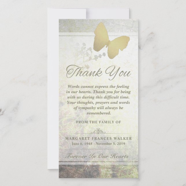 Tarjeta De Agradecimiento Palabras de mariposa dorada que no pueden expresar (Anverso)