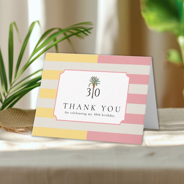 Tarjeta De Agradecimiento Palm Beach Stripe Tropical 30th Birthday Thank You (Subido por el creador)