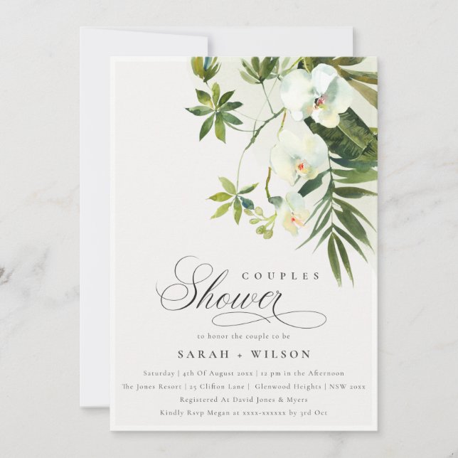 Tarjeta De Agradecimiento Palm Orquídea Tropical Fauna Parejas Ducha Invitac (Anverso)