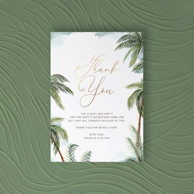 Tarjeta De Agradecimiento Palm Trees Tropicales Aloha Baby Shower Gold Scrip (Subido por el creador)