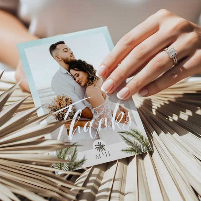 Tarjeta De Agradecimiento Palm Tropical Sale Foto Monograma de Árbol de Palm (Tropical Palm Leaves Photo Palm Tree Monogram Thank You Card)