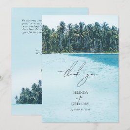 Tarjeta De Agradecimiento Palmeras de acuarela tropical y boda de playa